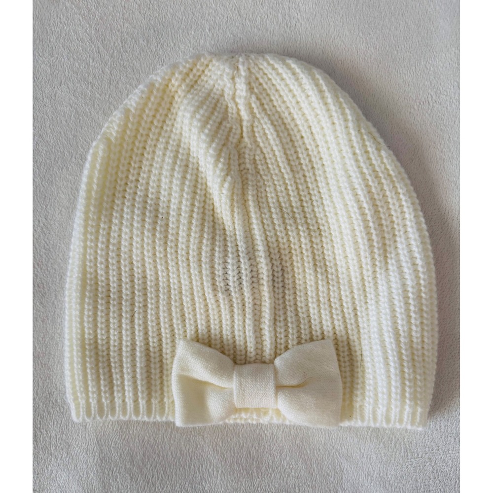Kate Spade New York Cream Ribbed Knit Beanie Hat with Bow Women